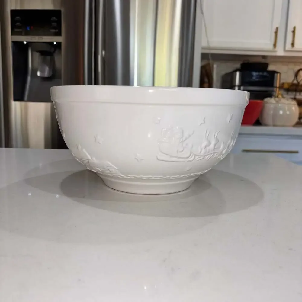 White Ceramic Embossed Christmas Bowl with Santa Sleigh and Cabin